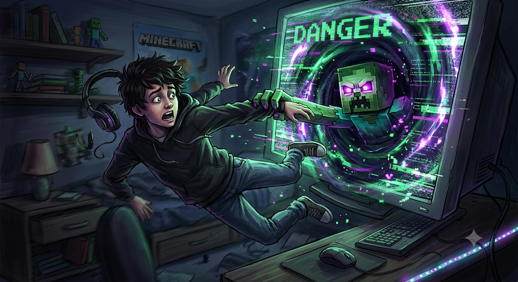 Zoran pulled into the glowing DANGER portal by a Minecraft zombie